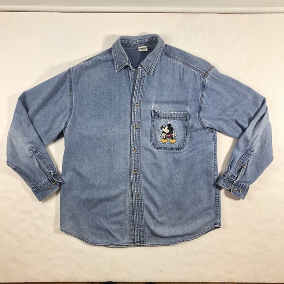Vintage 90s Disney Store Distressed Embroidered Mickey Mouse Pocket Denim Shirt - Picture 10 of 10
